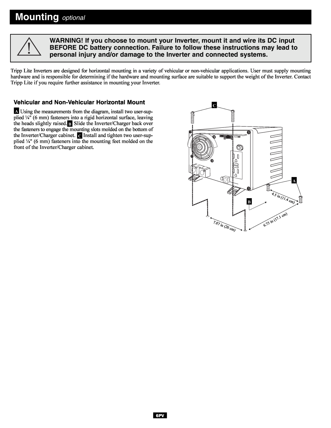 Tripp Lite DC-to-AC Inverter owner manual Mounting optional, Vehicular and Non-Vehicular Horizontal Mount 