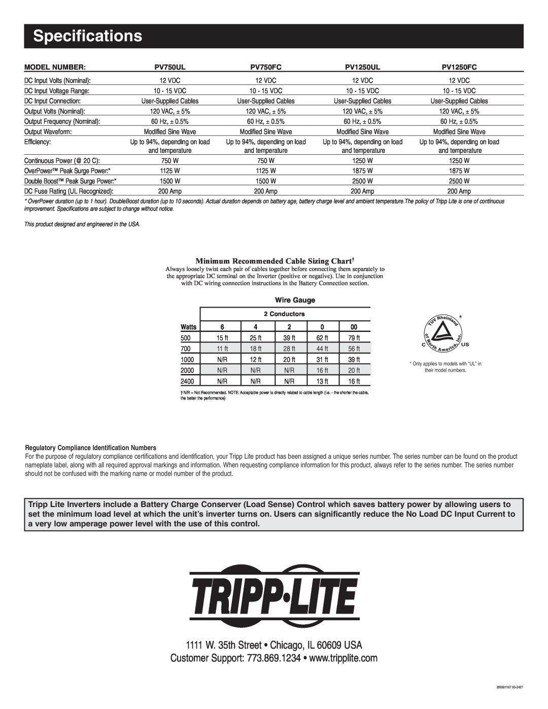 Tripp Lite DC-to-AC Inverter Specifications, 1111 W. 35th Street Chicago, IL 60609 USA, Model Number, Wire Gauge 