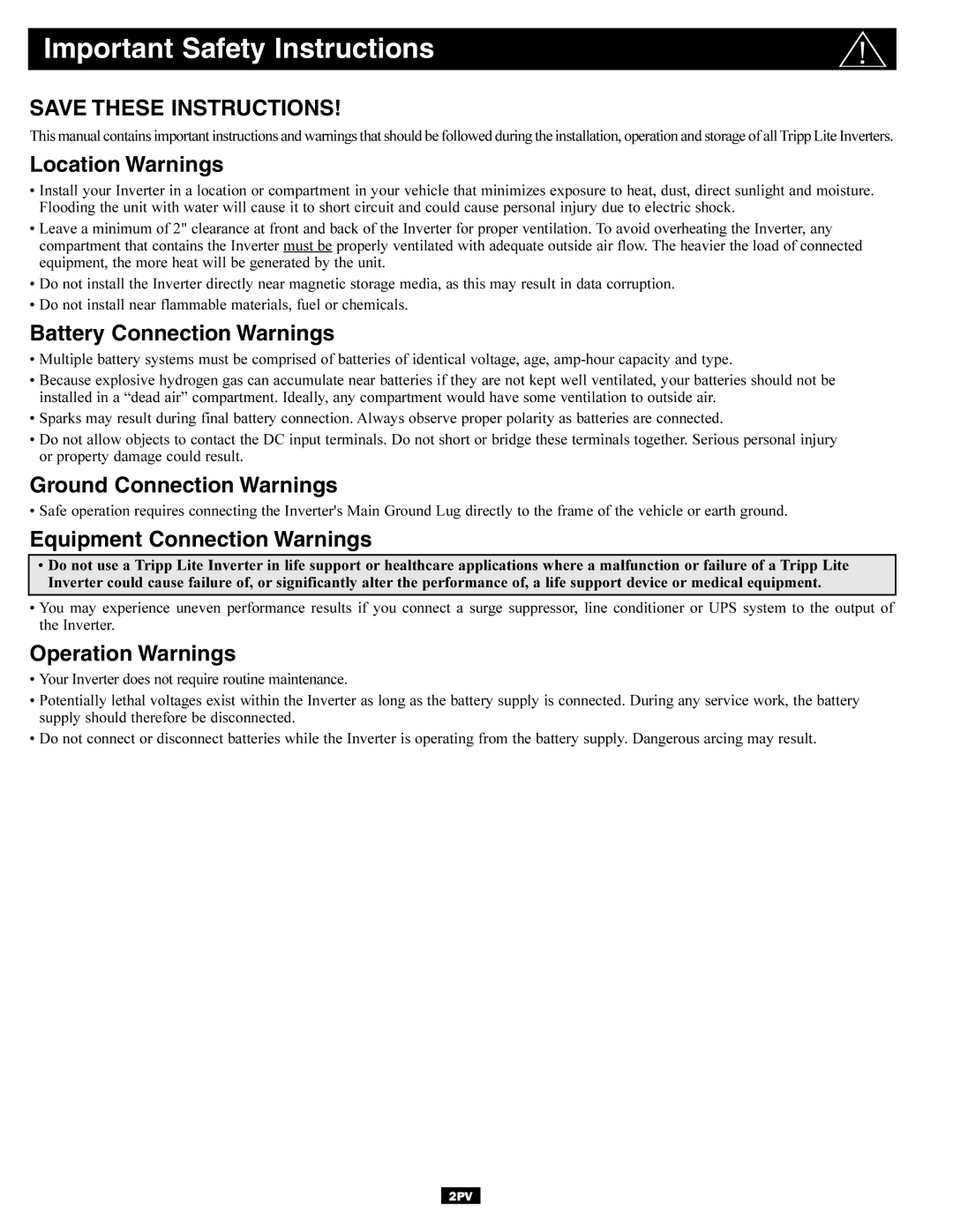 Tripp Lite DC-to-AC Inverter owner manual Important Safety Instructions 