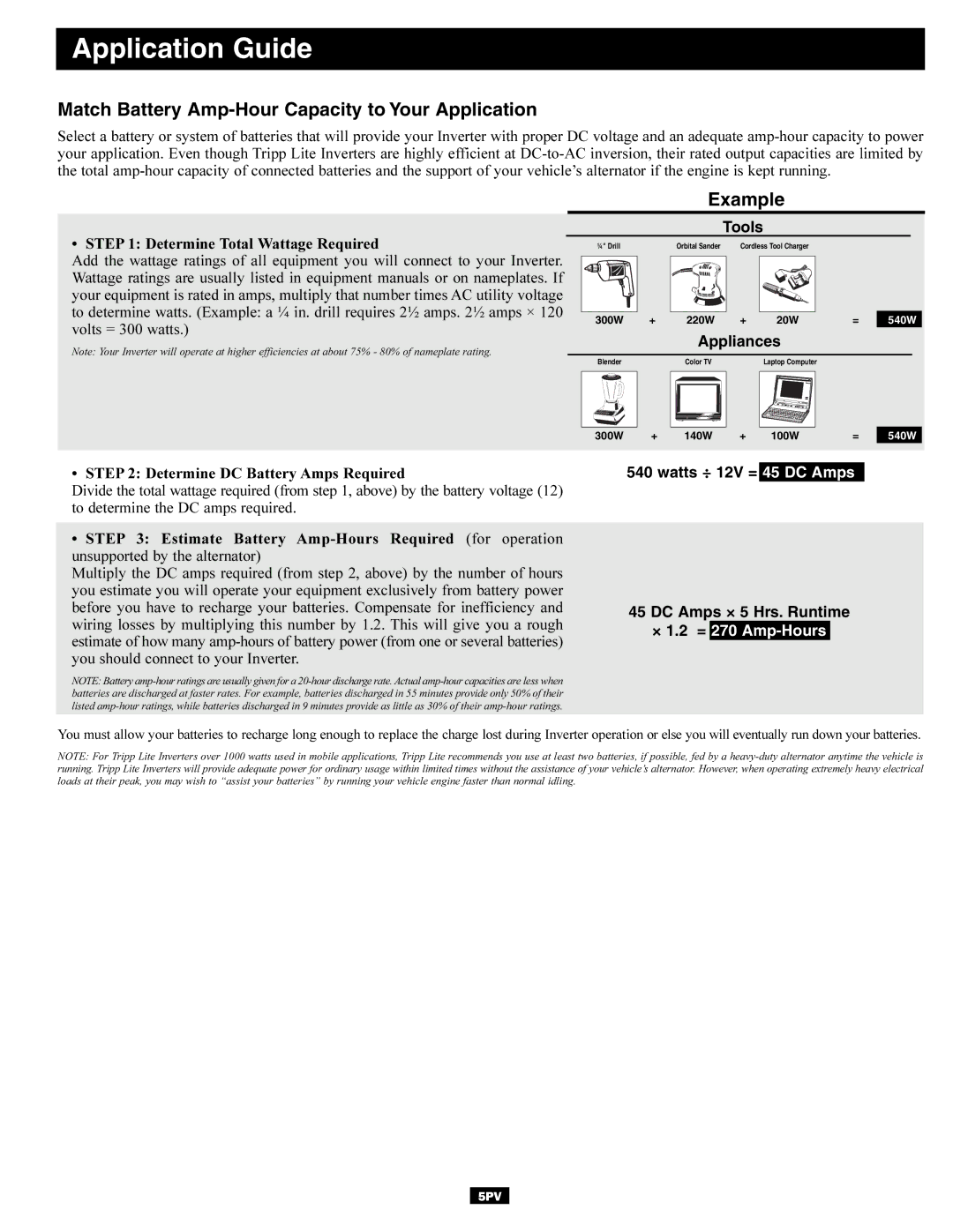 Tripp Lite DC-to-AC Inverter owner manual Application Guide, Match Battery Amp-Hour Capacity to Your Application 