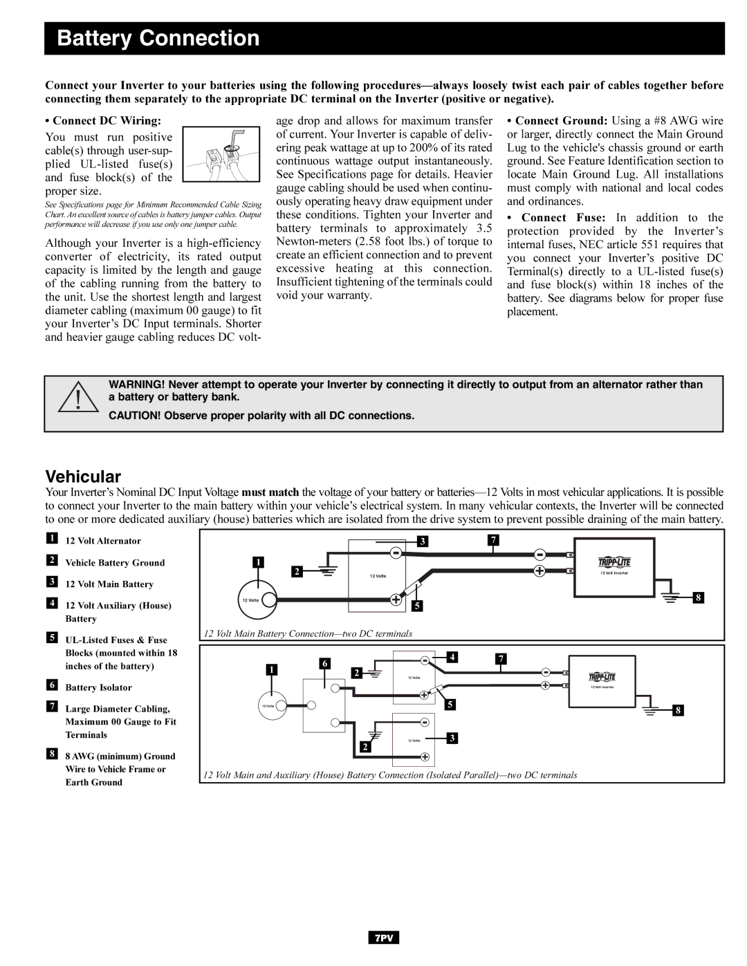 Tripp Lite DC-to-AC Inverter owner manual Battery Connection, Vehicular 