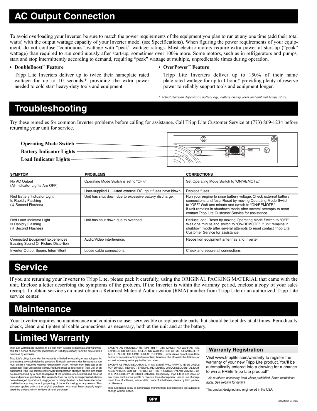 Tripp Lite DC-to-AC Inverter owner manual AC Output Connection, Troubleshooting, Service, Maintenance, Limited Warranty 