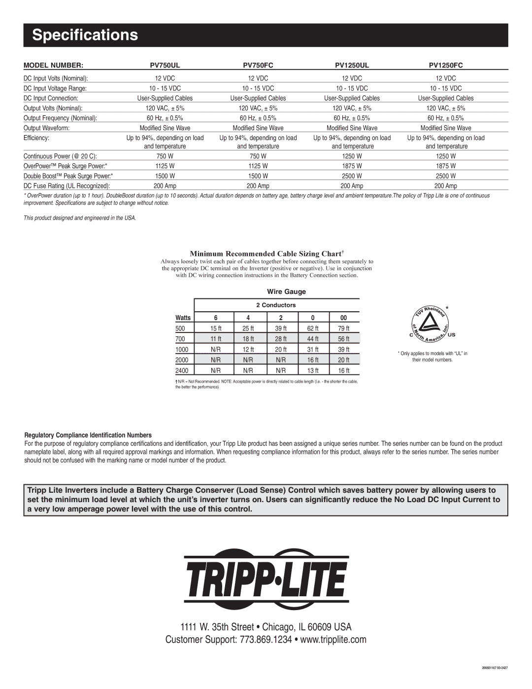 Tripp Lite DC-to-AC Inverter owner manual Specifications, Model Number 