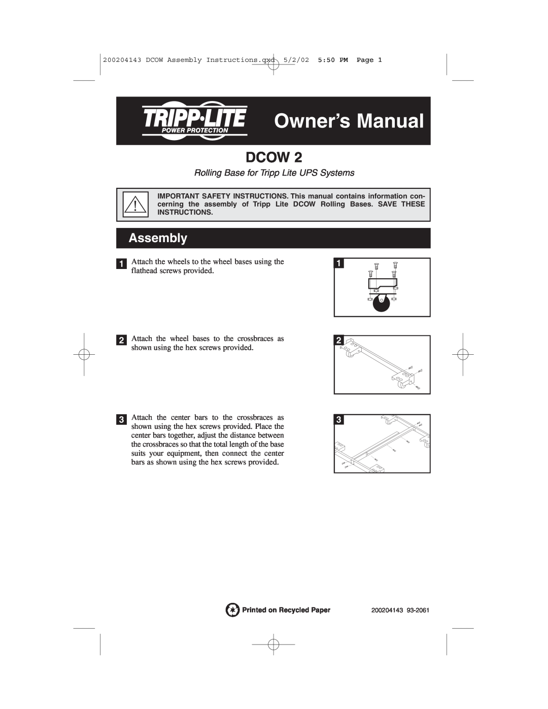 Tripp Lite DCOW 2 owner manual Owner’s Manual, Dcow, Assembly, Rolling Base for Tripp Lite UPS Systems 