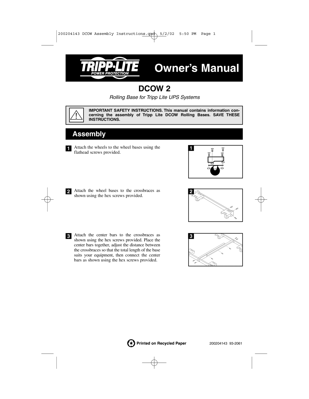 Tripp Lite DCOW 2 owner manual Dcow, Assembly, Rolling Base for Tripp Lite UPS Systems 