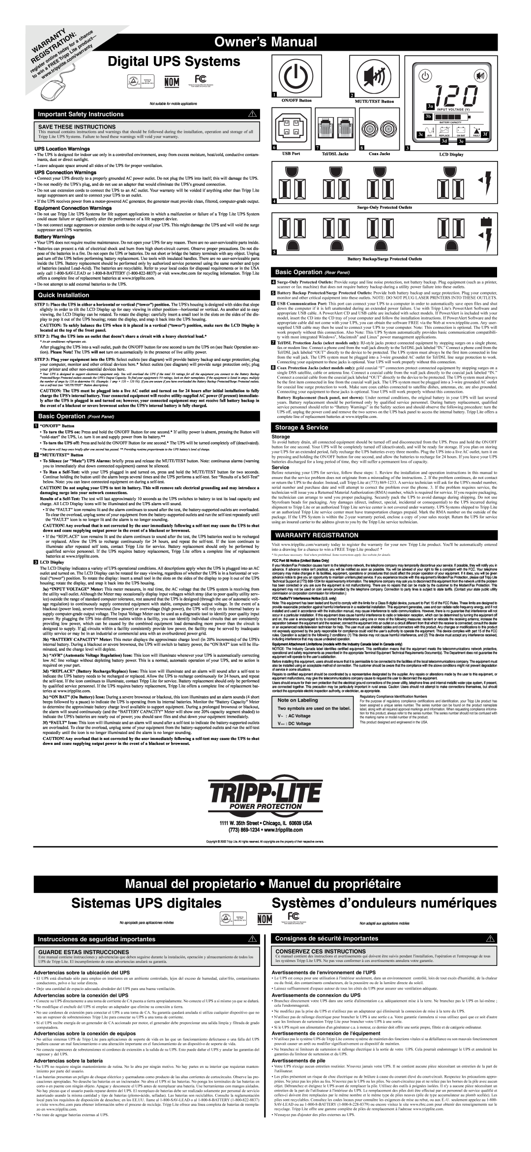 Tripp Lite Digital UPS System owner manual Important Safety Instructions, Quick Installation, Basic Operation Front Panel 