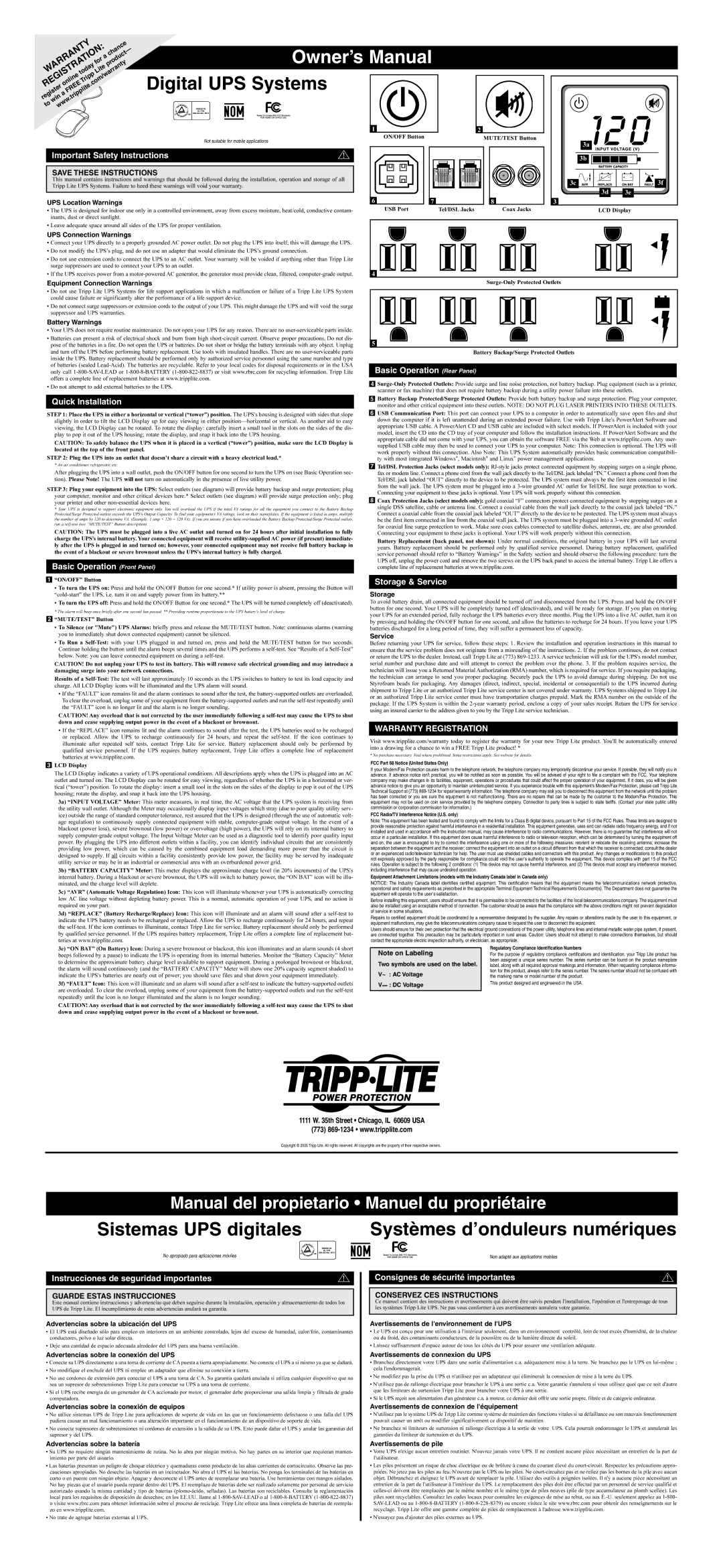 Tripp Lite Digital UPS System owner manual Important Safety Instructions, Quick Installation, Basic Operation Front Panel 