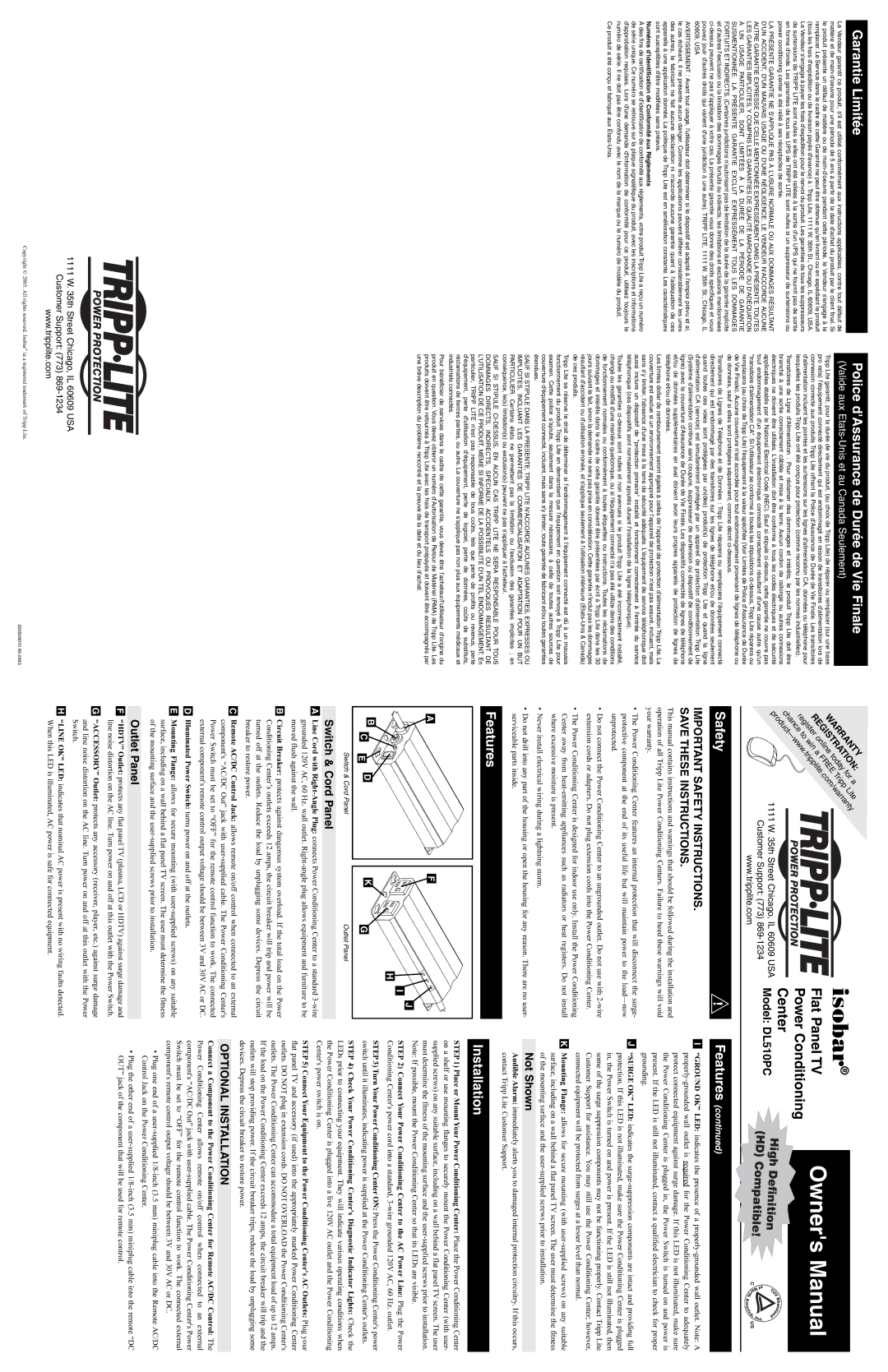 Tripp Lite DL510PC important safety instructions Garantie Limitée, Police dAssurance de Durée de Vie Finale, Safety 