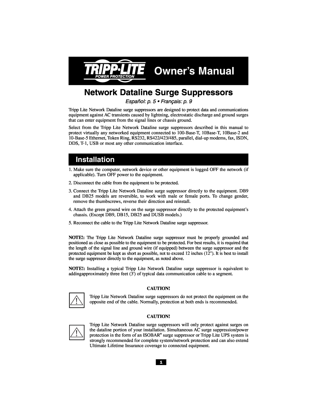 Tripp Lite DHUB-18V DHUB, DUSB, DB15 owner manual Owner’s Manual, Network Dataline Surge Suppressors, Installation 