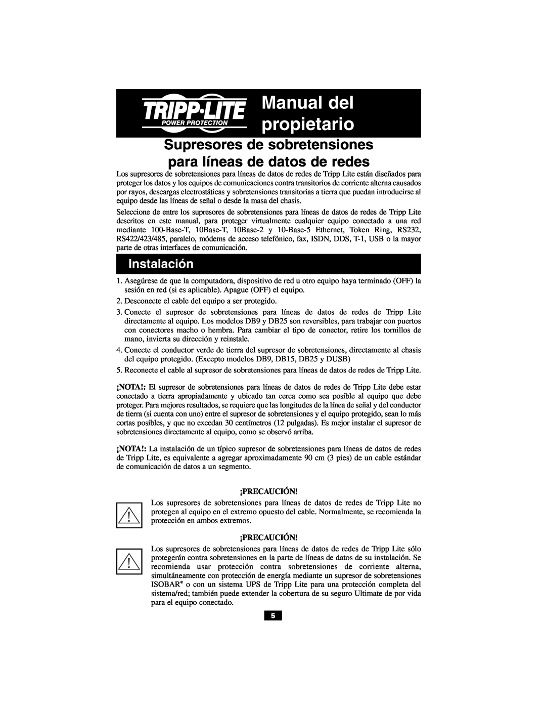 Tripp Lite DB15, DUSB, DHUB-18V DHUB Supresores de sobretensiones para líneas de datos de redes, Instalación, ¡Precaución 