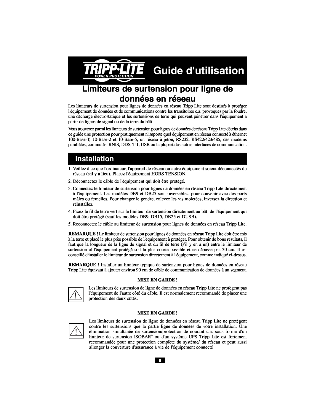 Tripp Lite DUSB Guide dutilisation, Limiteurs de surtension pour ligne de données en réseau, Mise En Garde, Installation 