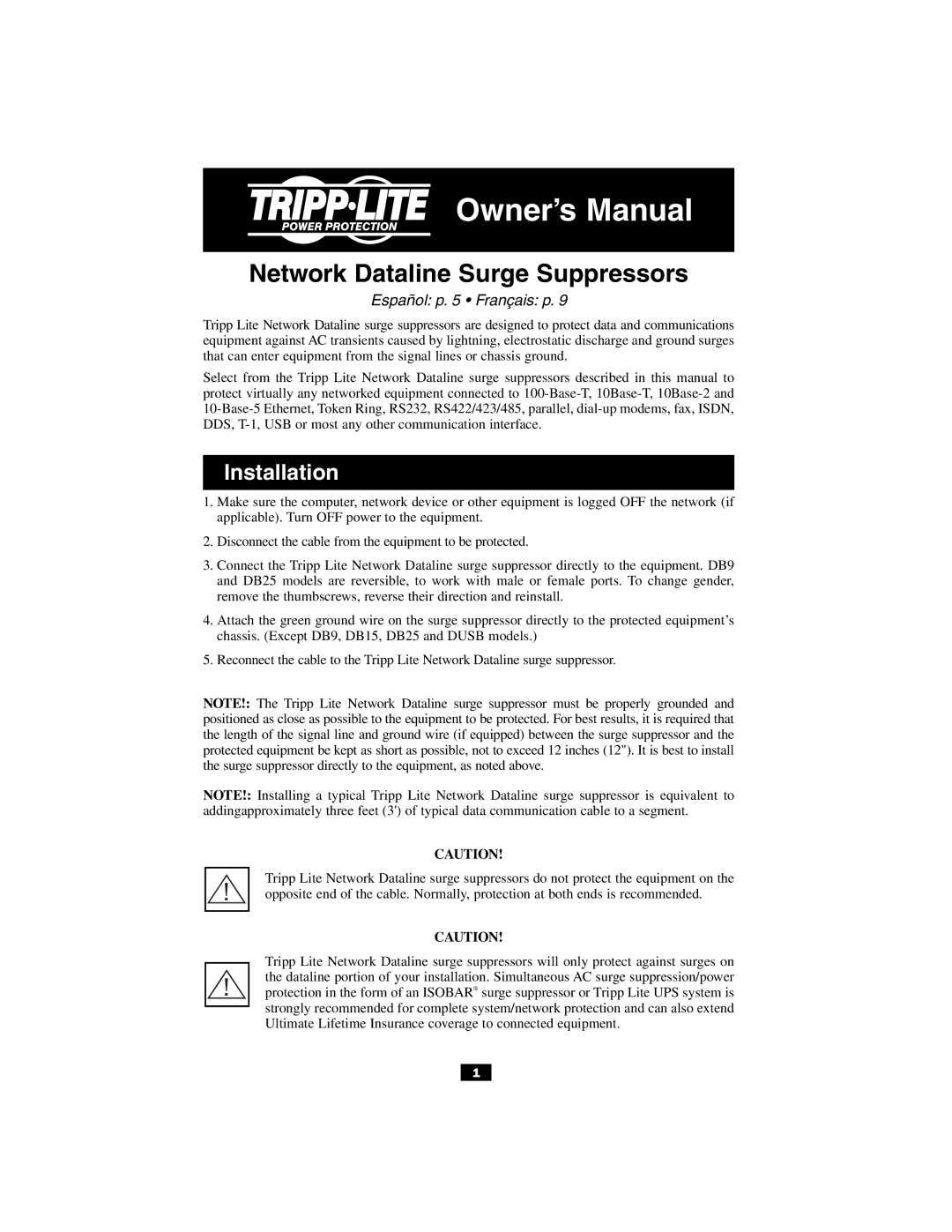 Tripp Lite DHUB-18V DHUB, DUSB, DB15 owner manual Network Dataline Surge Suppressors, Installation 