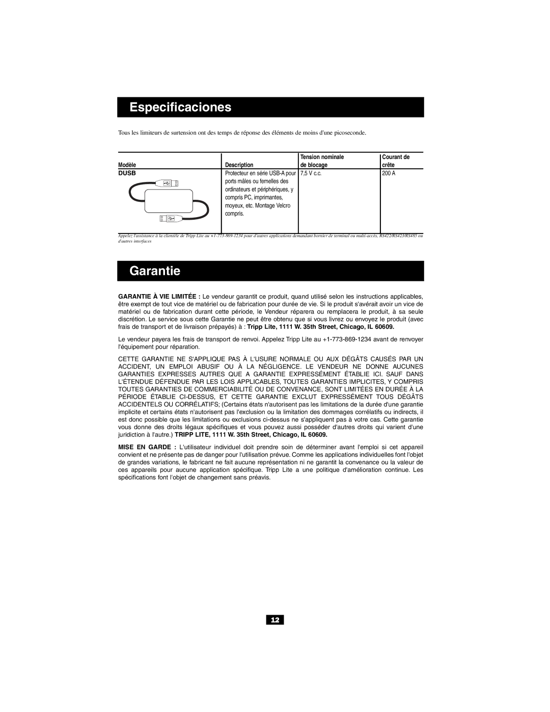 Tripp Lite DUSB, DHUB-18V DHUB, DB15 owner manual Garantie, Description De blocage Crête, V c.c 200 a, Compris 