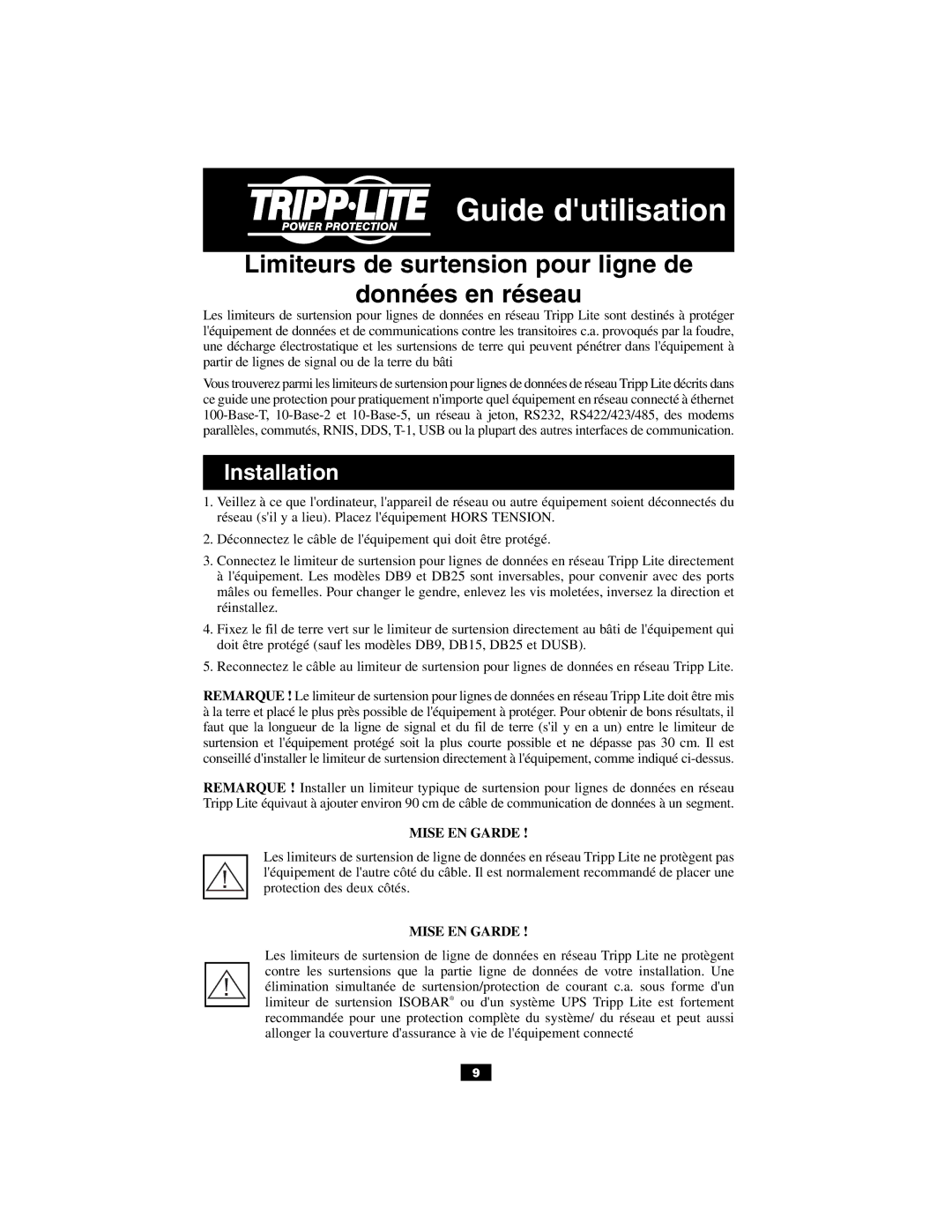 Tripp Lite DUSB, DHUB-18V DHUB, DB15 owner manual Guide dutilisation, Limiteurs de surtension pour ligne de Données en réseau 