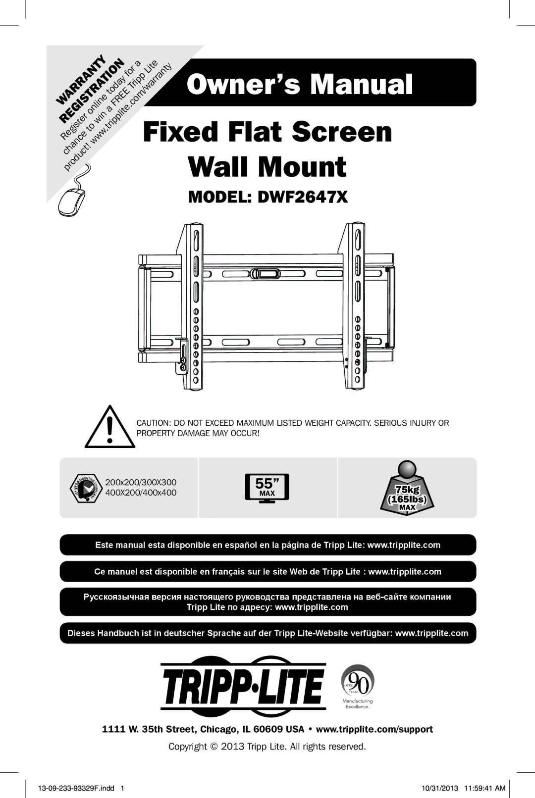 Tripp Lite DWF2647X owner manual Fixed Flat Screen 