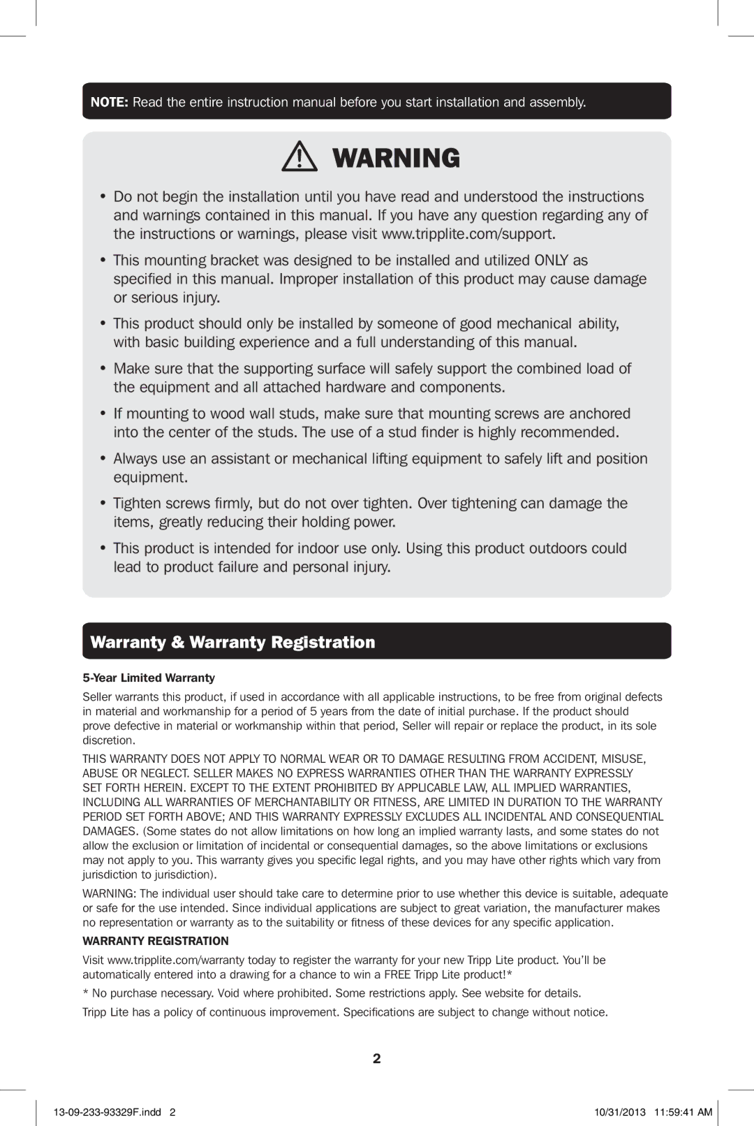 Tripp Lite DWF2647X owner manual Warranty & Warranty Registration 