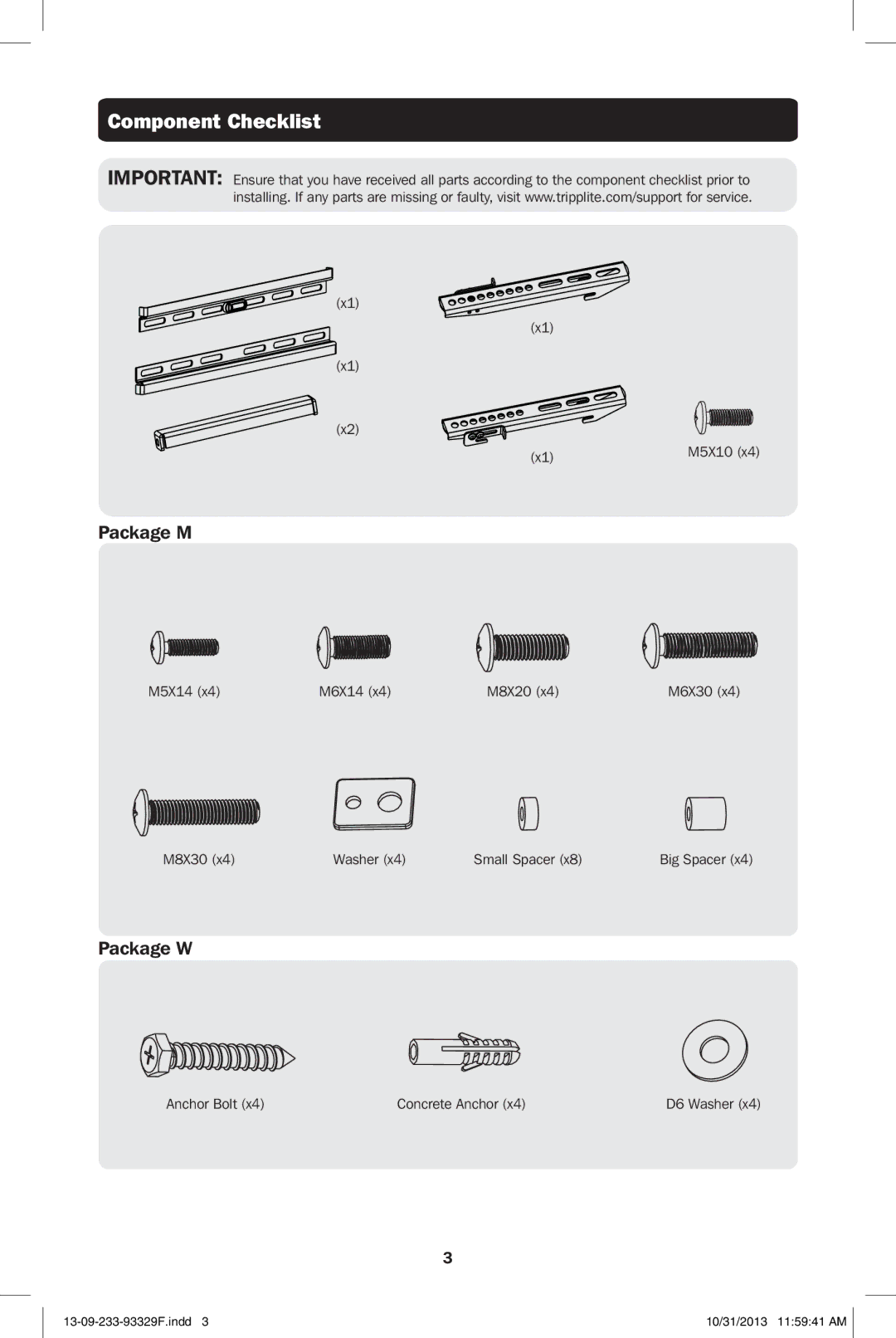 Tripp Lite DWF2647X owner manual Component Checklist 