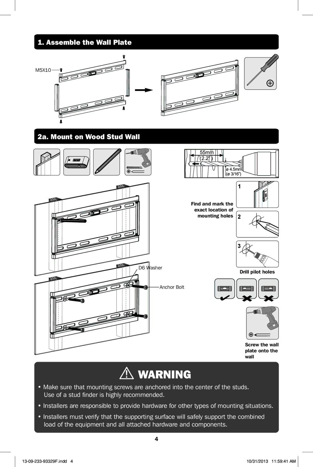 Tripp Lite DWF2647X owner manual Assemble the Wall Plate, 2a. Mount on Wood Stud Wall 