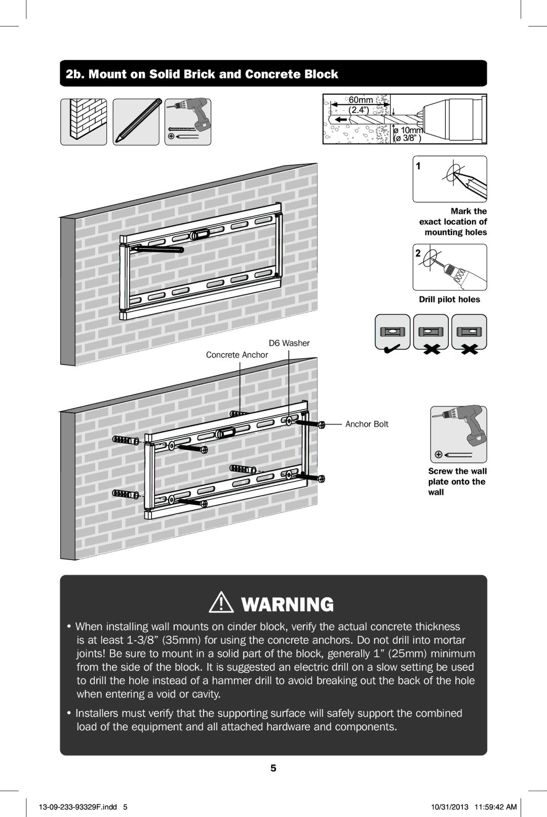 Tripp Lite DWF2647X owner manual 2b. Mount on Solid Brick and Concrete Block 