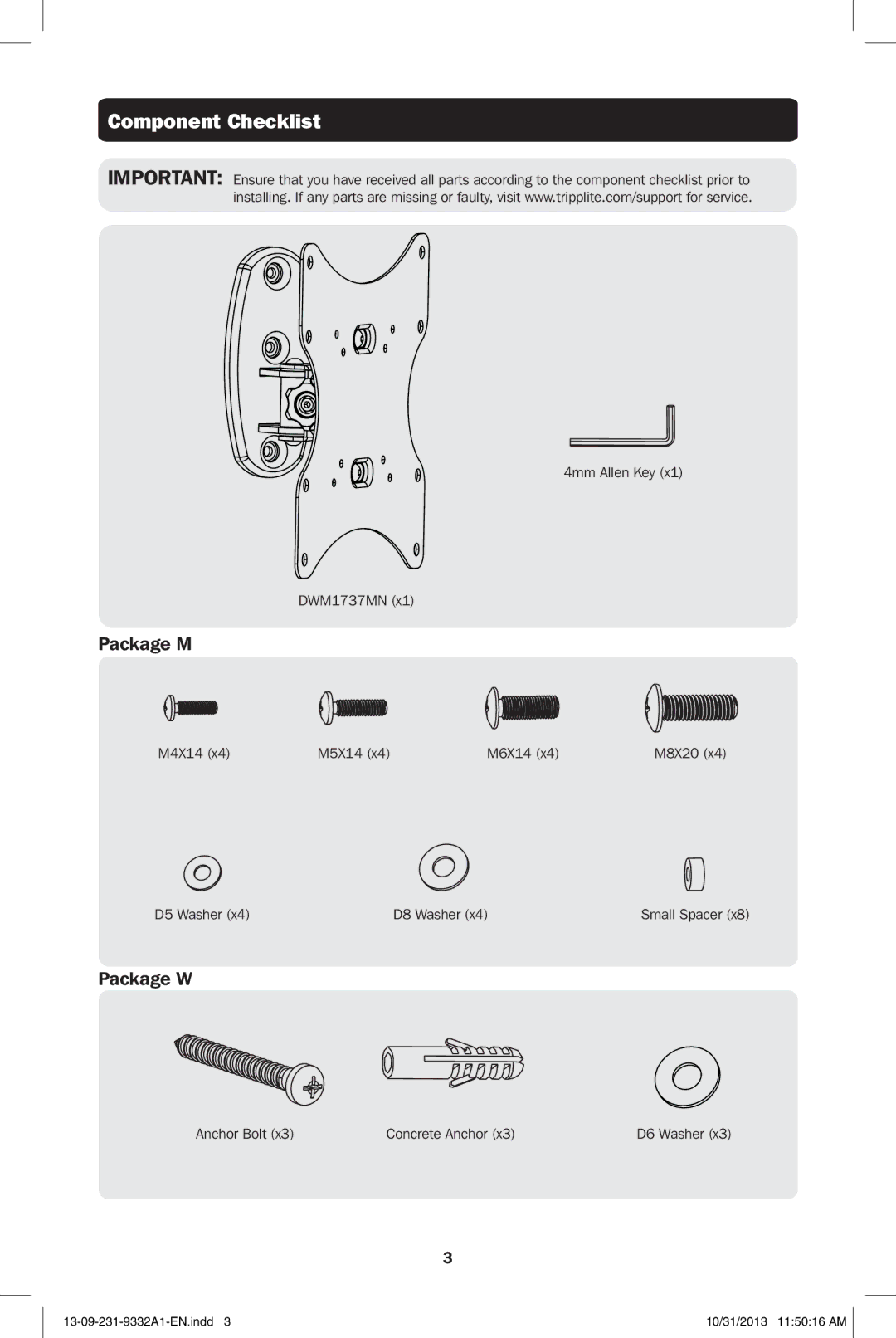 Tripp Lite DWM1737MN owner manual Component Checklist 