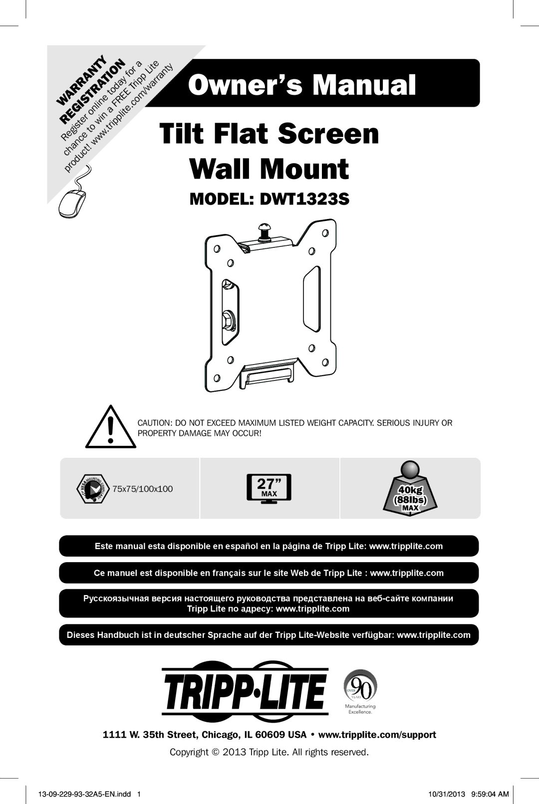 Tripp Lite DWT1323S owner manual Tilt Flat Screen 