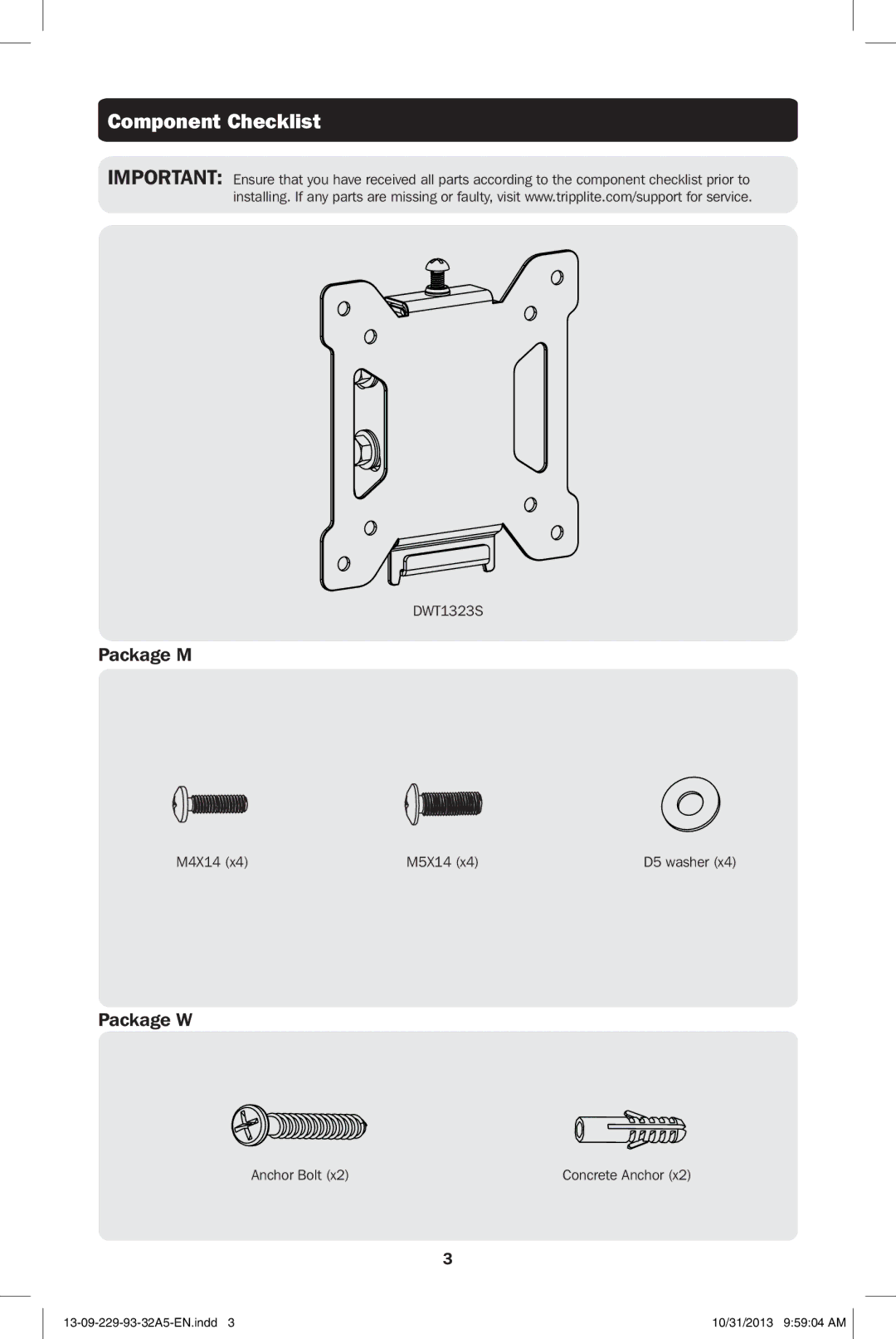 Tripp Lite DWT1323S owner manual Component Checklist 