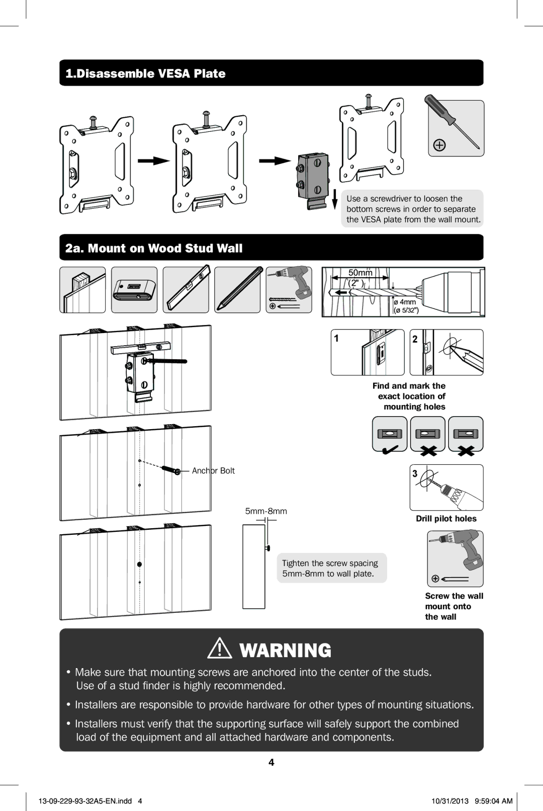 Tripp Lite DWT1323S owner manual Disassemble Vesa Plate, 2a. Mount on Wood Stud Wall 