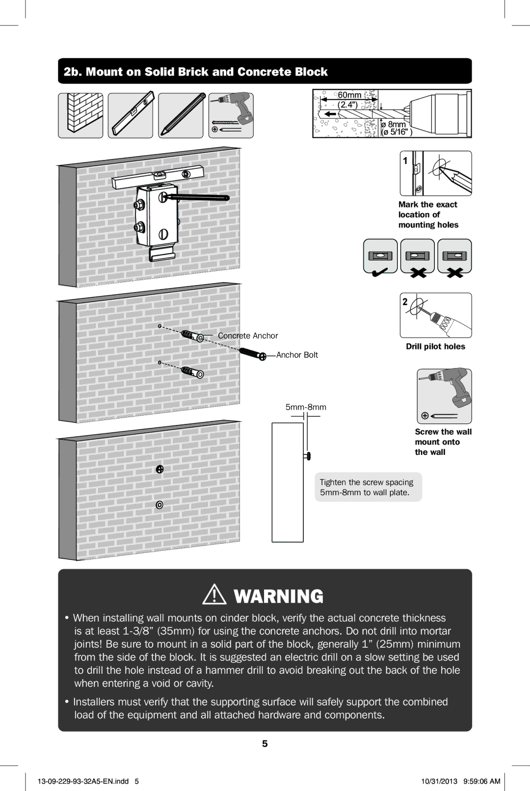 Tripp Lite DWT1323S owner manual 2b. Mount on Solid Brick and Concrete Block 