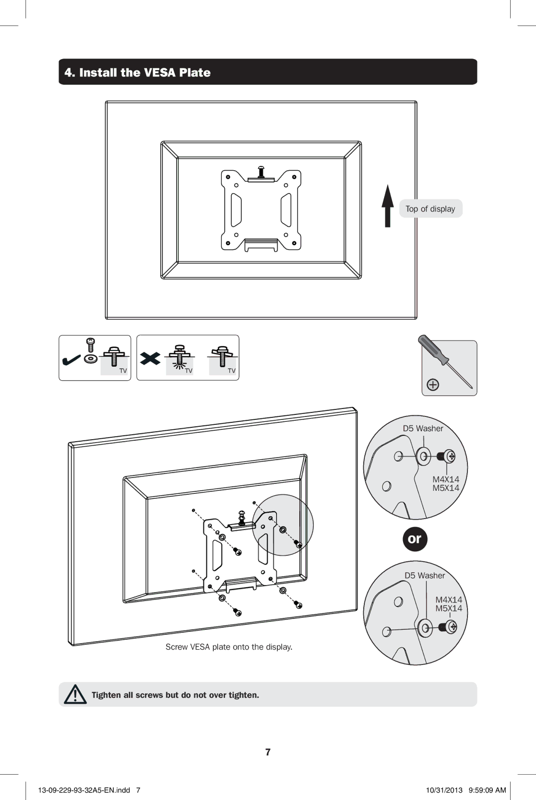 Tripp Lite DWT1323S owner manual Install the Vesa Plate 