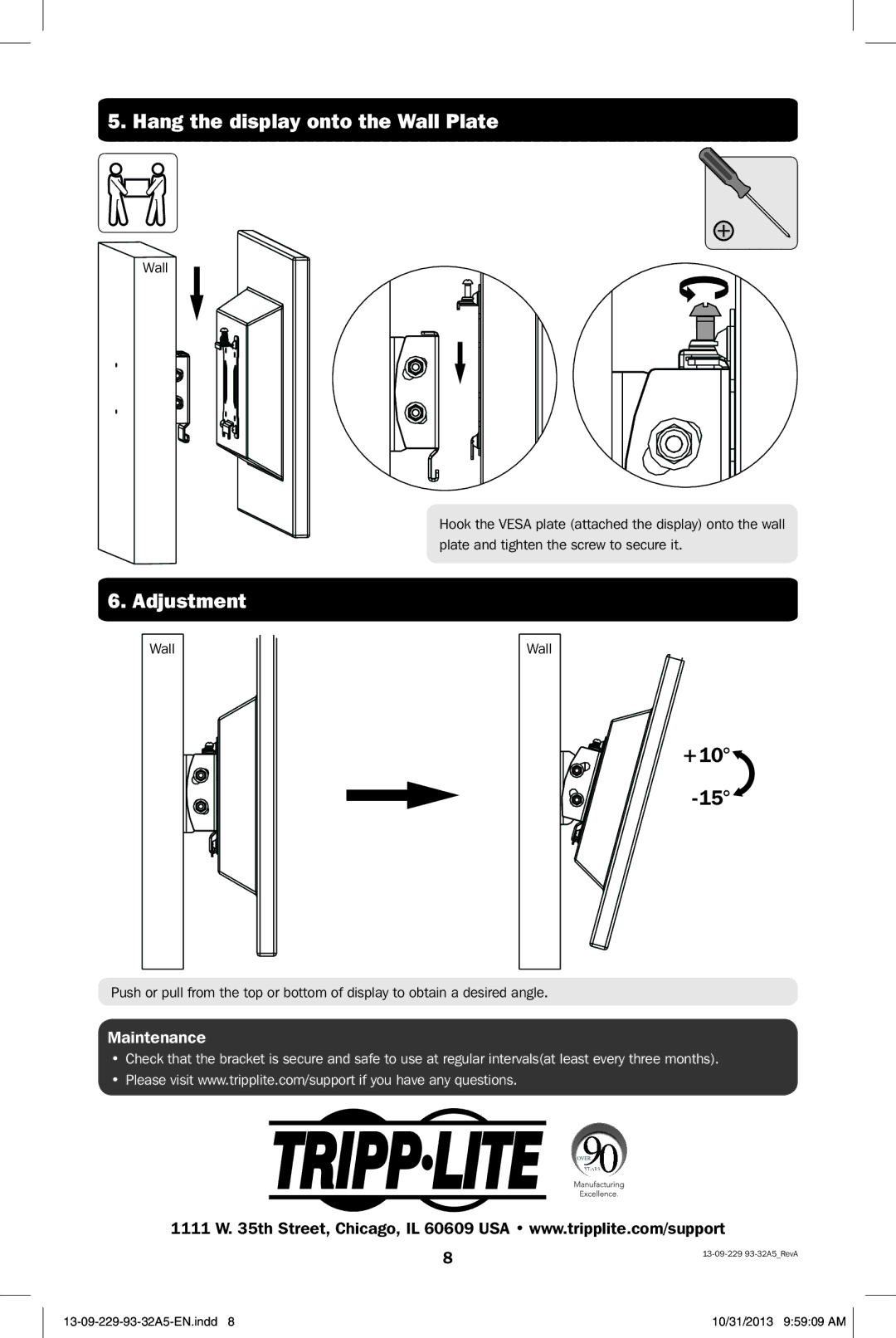 Tripp Lite DWT1323S owner manual Hang the display onto the Wall Plate, Adjustment 