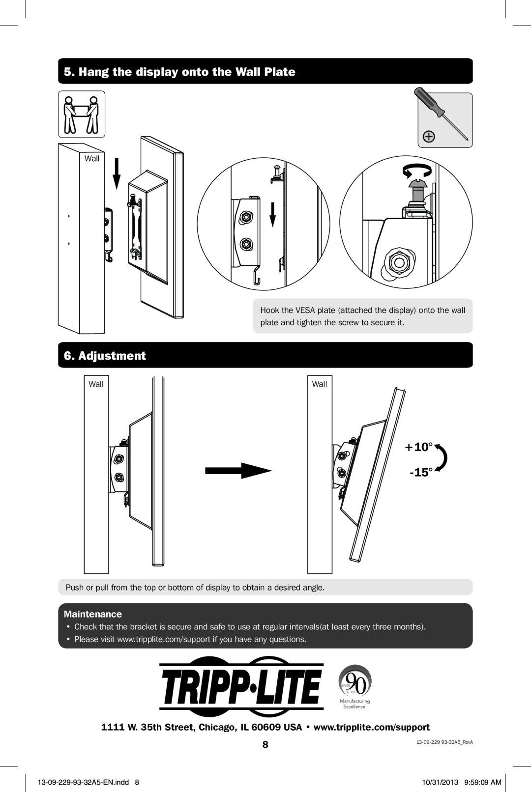 Tripp Lite DWT1323S owner manual Hang the display onto the Wall Plate, Adjustment, Maintenance, 13-09-229-93-32A5-EN.indd 