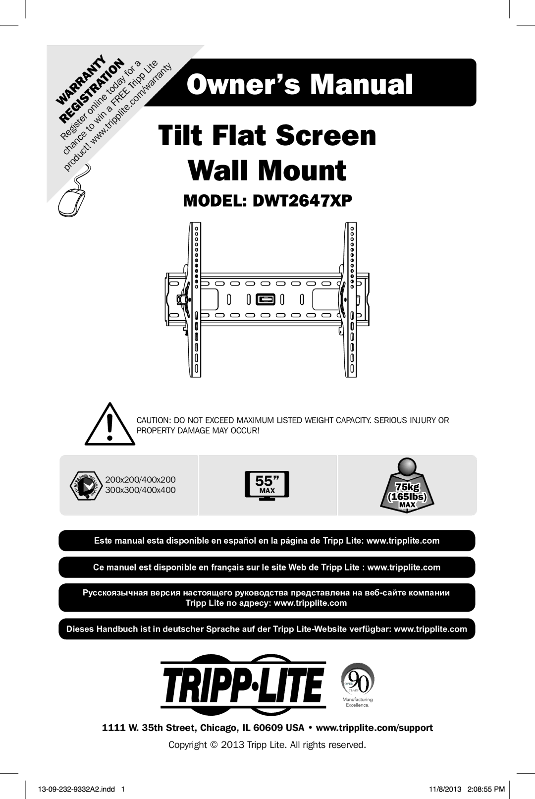 Tripp Lite DWT2647XP owner manual Tilt Flat Screen 