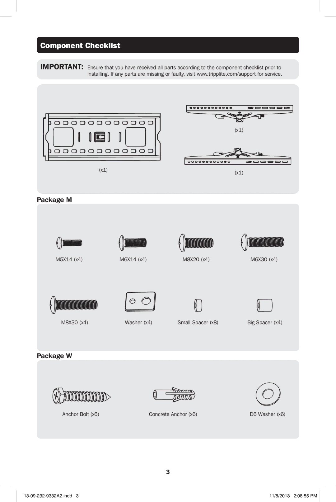 Tripp Lite DWT2647XP owner manual Component Checklist 