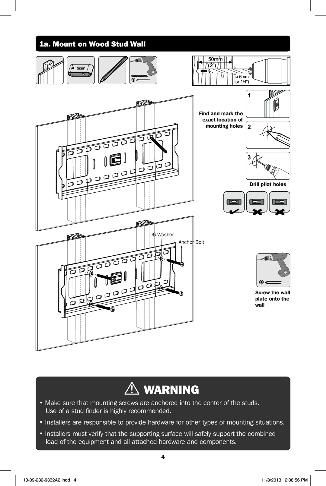 Tripp Lite DWT2647XP owner manual 1a. Mount on Wood Stud Wall 