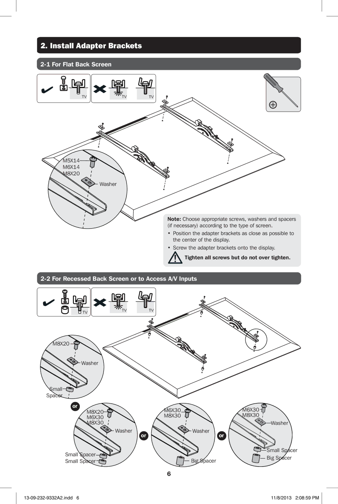 Tripp Lite DWT2647XP owner manual Install Adapter Brackets, For Flat Back Screen 