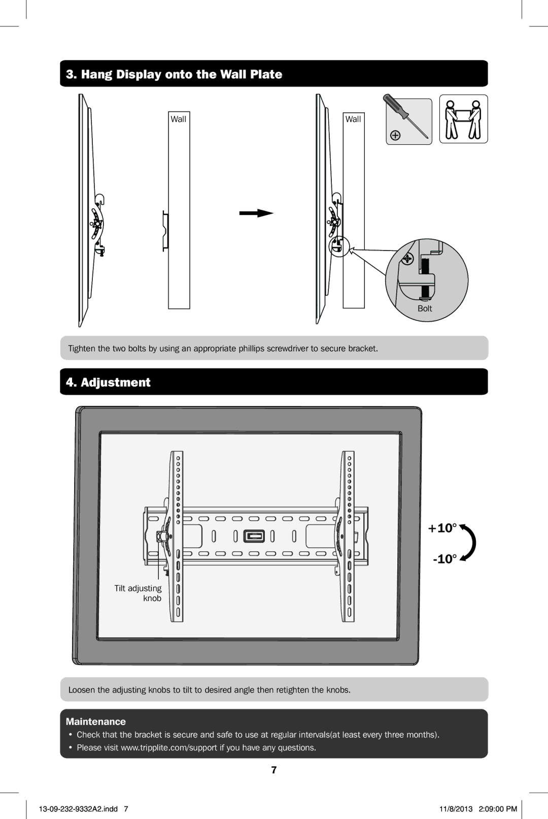 Tripp Lite DWT2647XP owner manual Hang Display onto the Wall Plate, Adjustment 