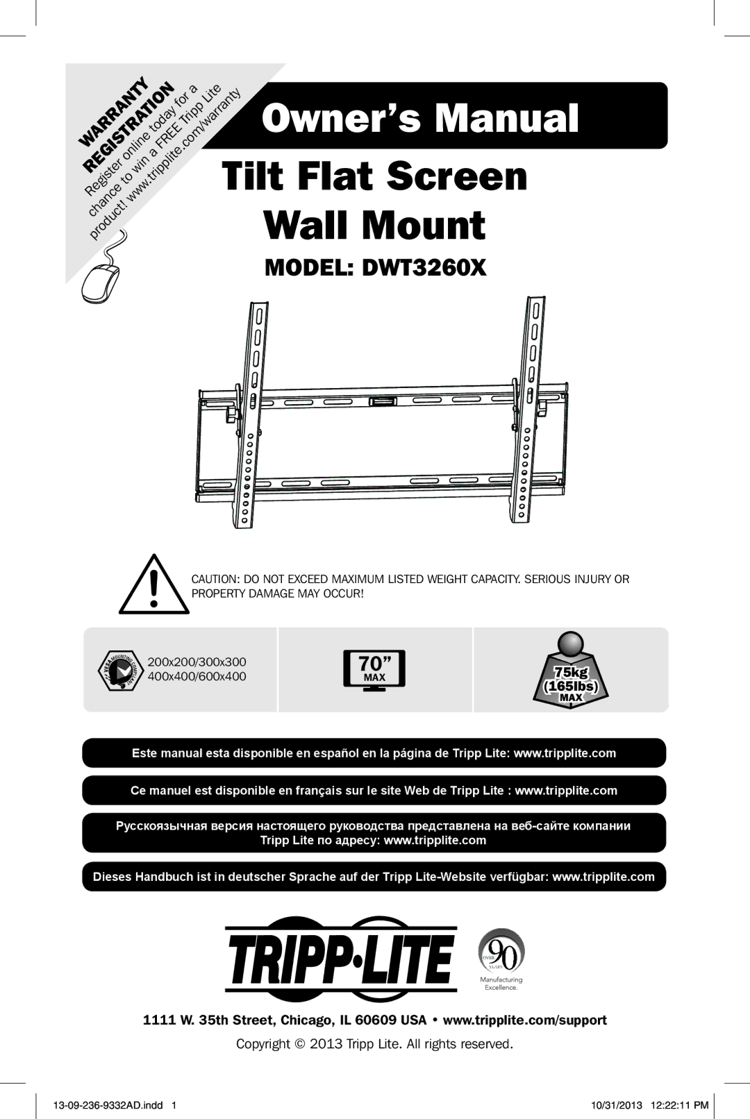 Tripp Lite DWT3260X owner manual Tilt Flat Screen 