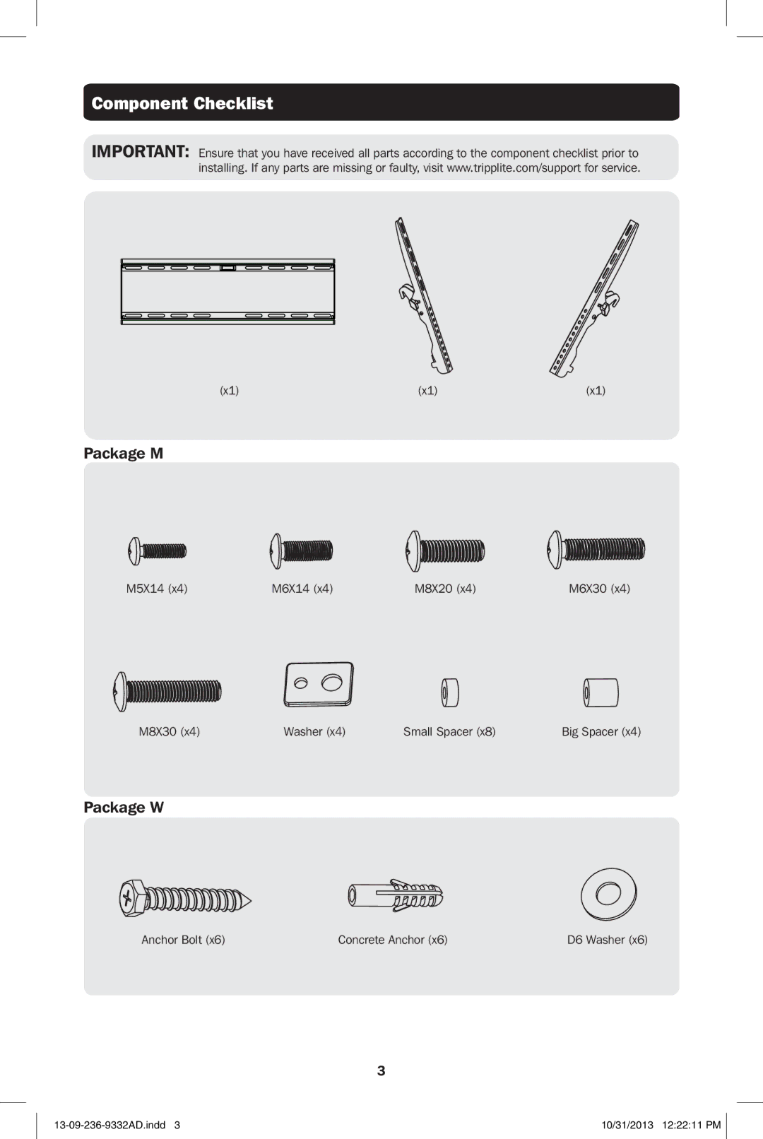 Tripp Lite DWT3260X owner manual Component Checklist 