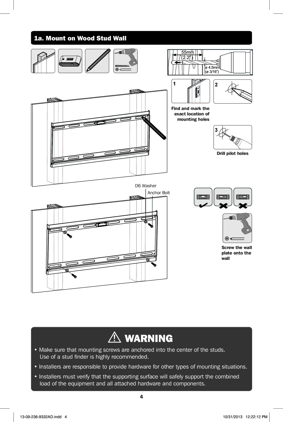 Tripp Lite DWT3260X owner manual 1a. Mount on Wood Stud Wall 