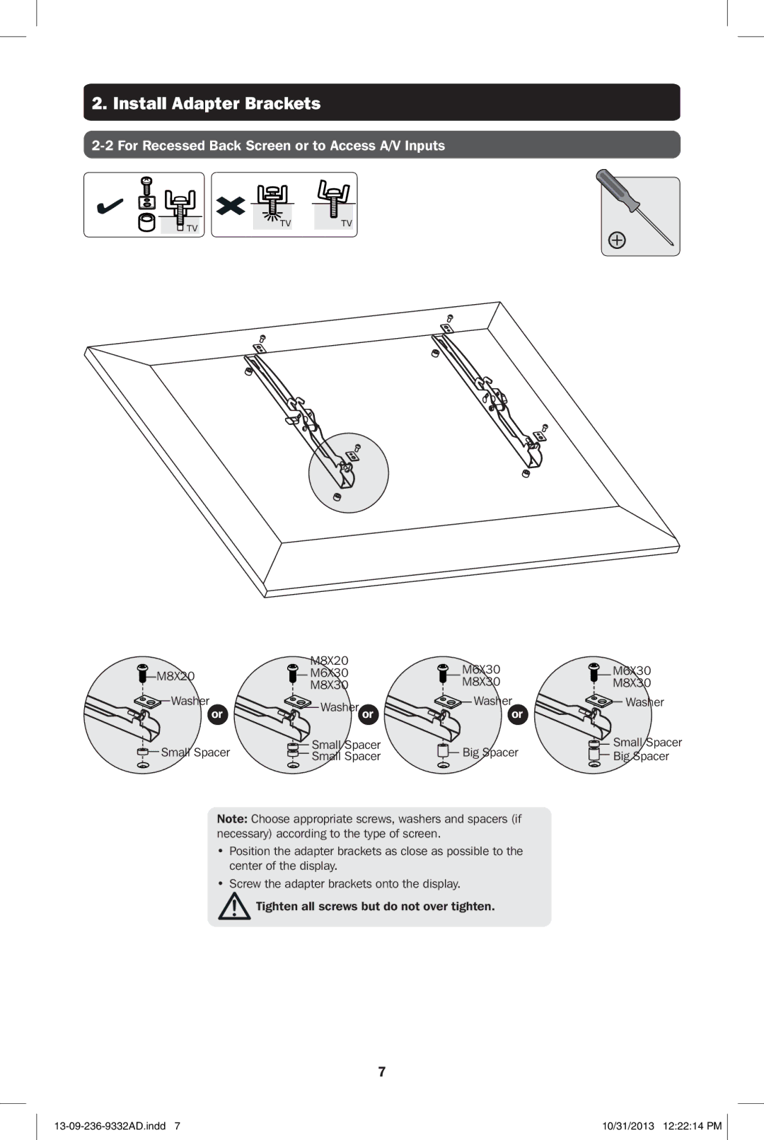 Tripp Lite DWT3260X owner manual For Recessed Back Screen or to Access A/V Inputs 