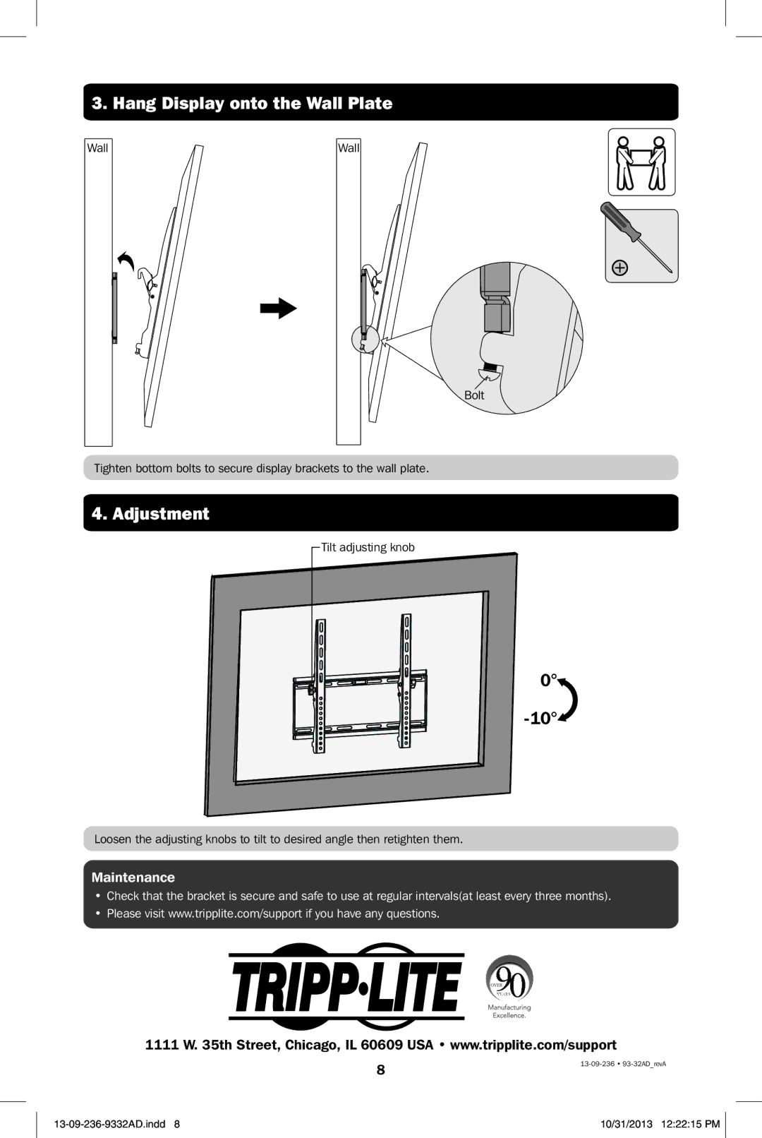 Tripp Lite DWT3260X owner manual Hang Display onto the Wall Plate, Adjustment, Maintenance 