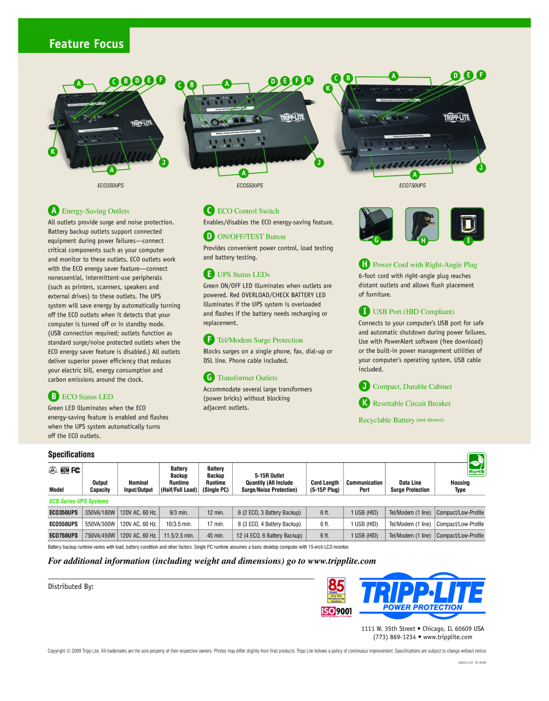 Tripp Lite ECO Series manual Energy-Saving Outlets, ECO Status LED, ECO Control Switch, ON/OFF/TEST Button, UPS Status LEDs 