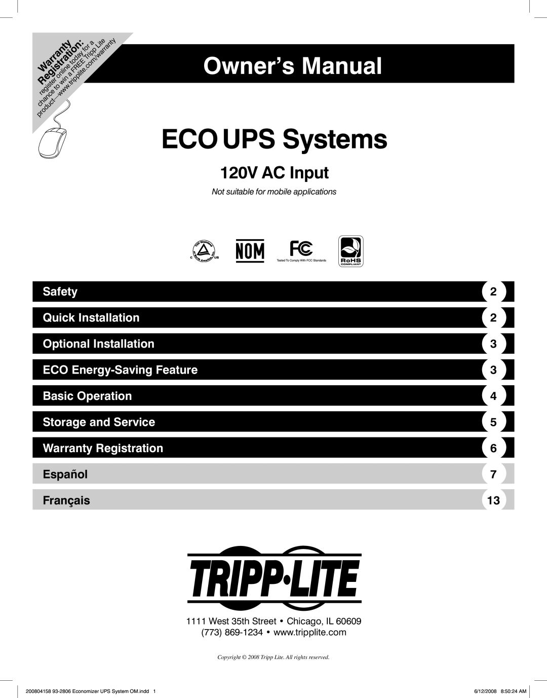 Tripp Lite owner manual ECO UPS Systems, Owner’s Manual, 120V AC Input, Safety, Quick Installation, Basic Operation 