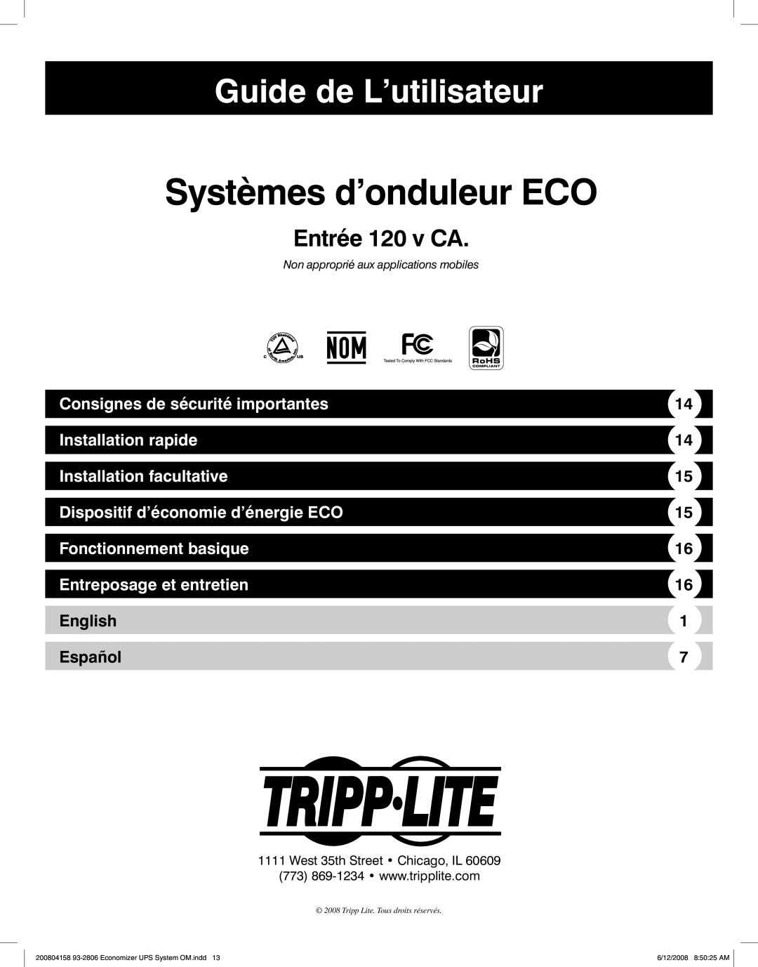 Tripp Lite ECO UPS System Guide de L’utilisateur, Entrée 120 v CA, Consignes de sécurité importantes, Installation rapide 