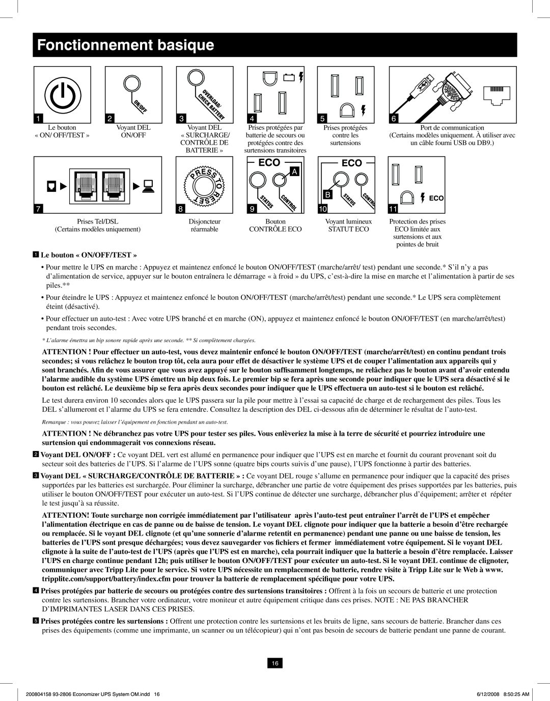 Tripp Lite ECO UPS System owner manual Fonctionnement basique, Le bouton « ON/OFF/TEST » 