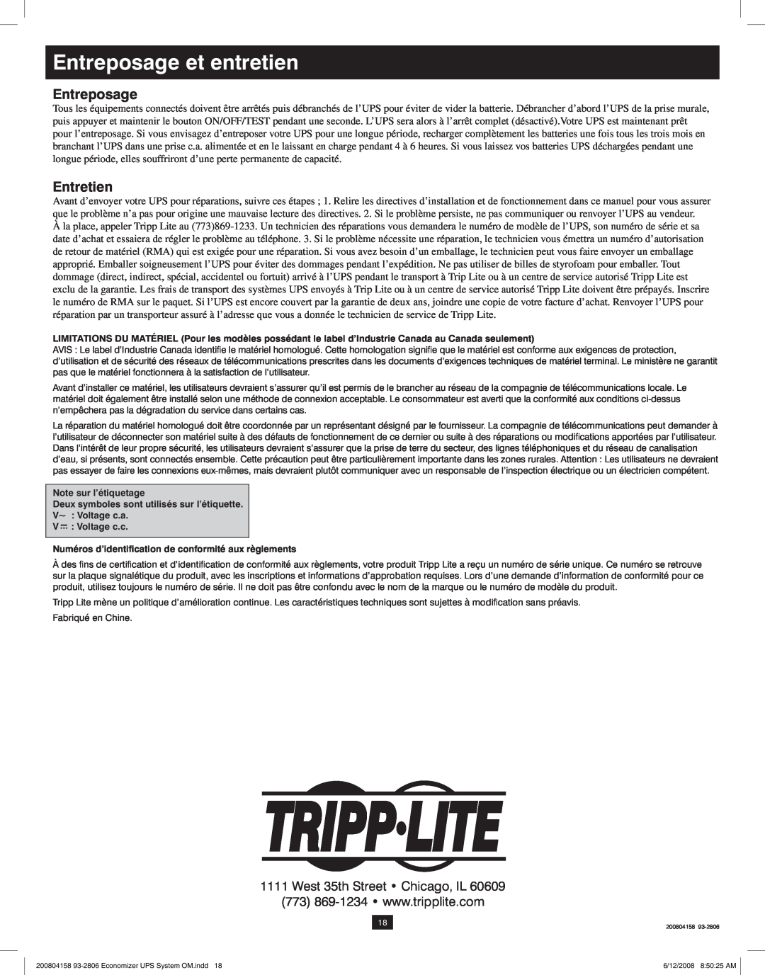 Tripp Lite ECO UPS System owner manual Entreposage et entretien, Entretien, West 35th Street Chicago, IL 