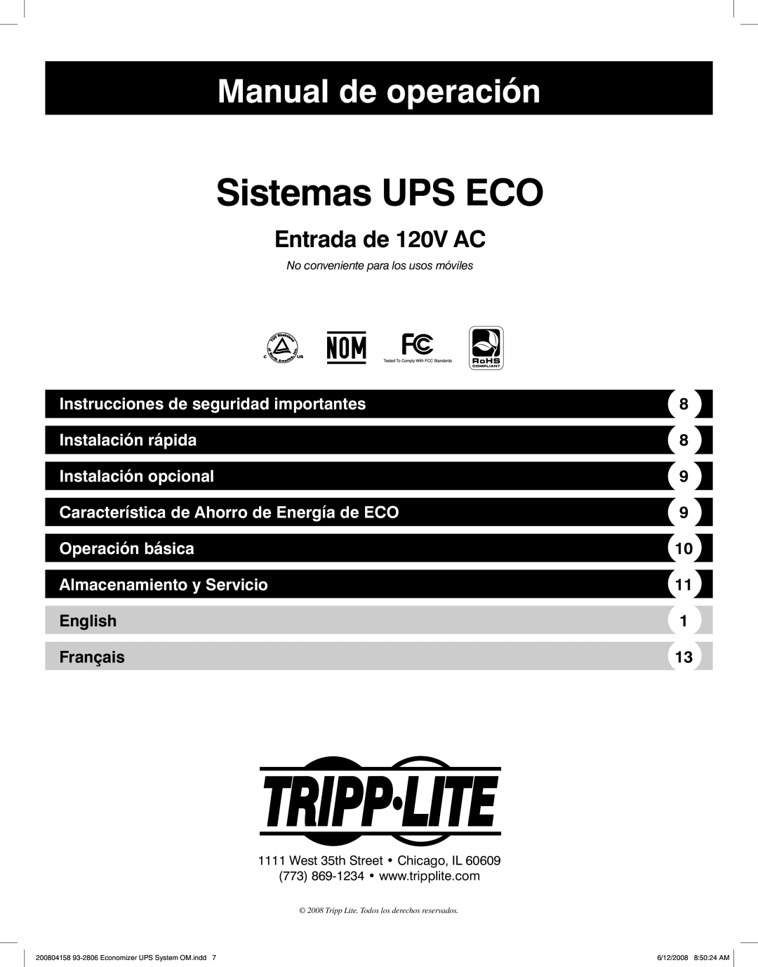 Tripp Lite ECO UPS System Sistemas UPS ECO, Manual de operación, Entrada de 120V AC, Instalación rápida, Operación básica 