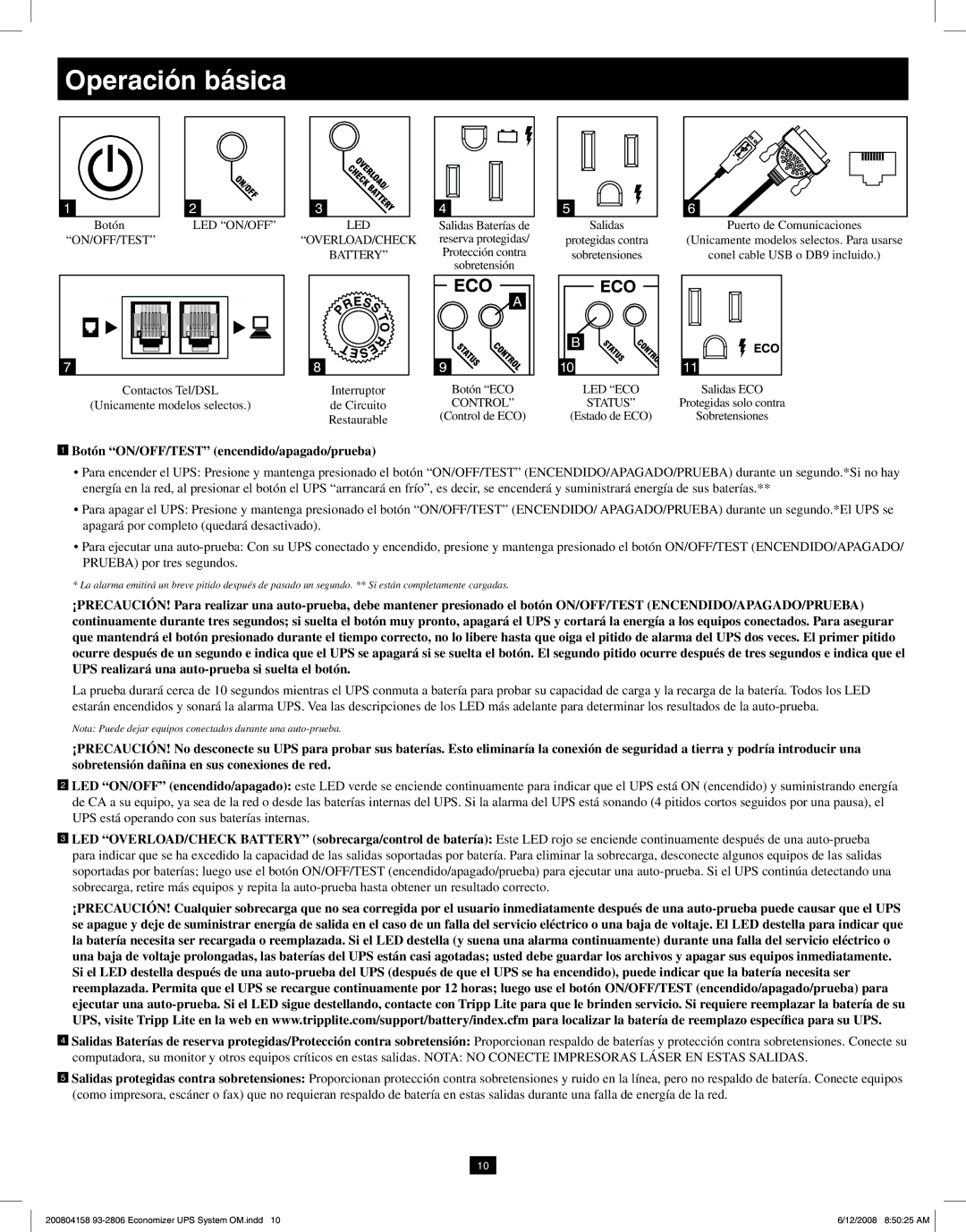 Tripp Lite ECO UPS System owner manual Operación básica, Botón ON/OFF/TEST encendido/apagado/prueba 