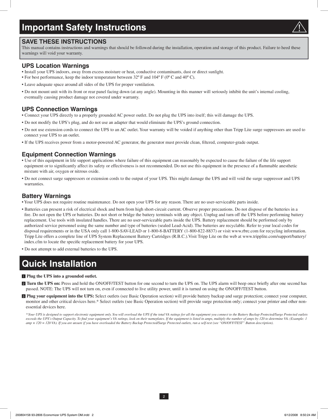 Tripp Lite ECO UPS System owner manual Important Safety Instructions, Quick Installation 