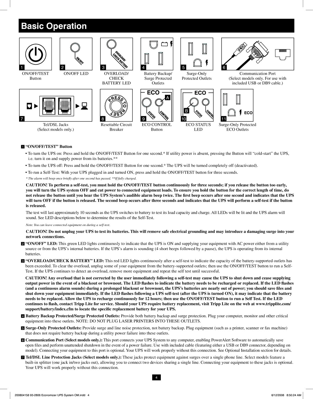 Tripp Lite ECO UPS System owner manual Basic Operation, ON/OFF/TEST Button 